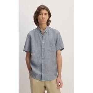 Everlane Men’s Linen Short Sleeve Shirt Blue & White Pinstripe Standard Fit Sz L